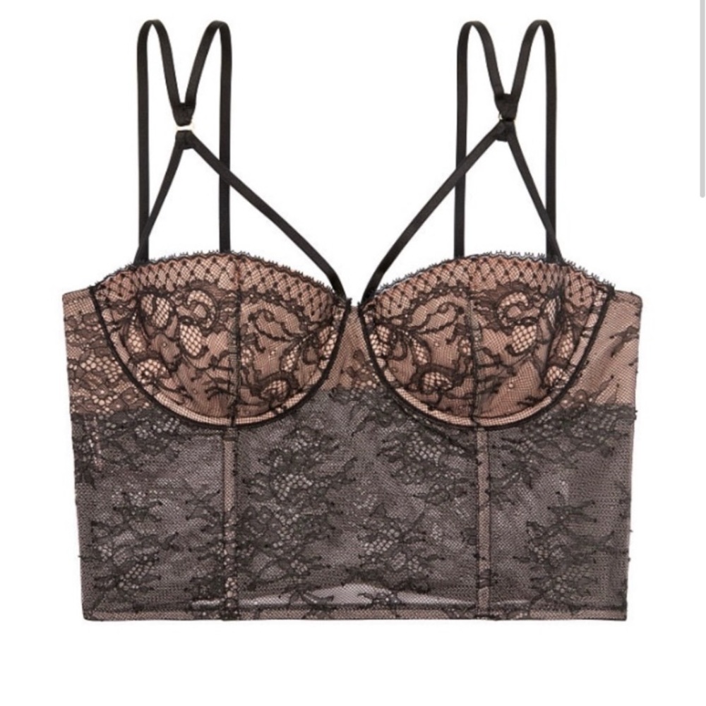 Victorias Secret black & nude, lace overlay bustier, 34c, zip back. Gorgeous!
